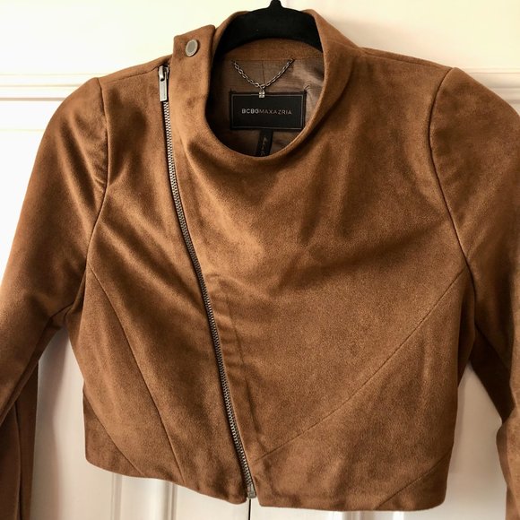 BCBGMaxAzria Vintage Cropped Vegan Suede Toffee Brown Moto Jacket - Size XXS - Picture 2 of 15